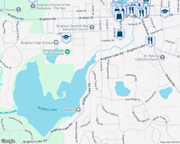 map of restaurants, bars, coffee shops, grocery stores, and more near 940 Brighton Lake Road in Brighton