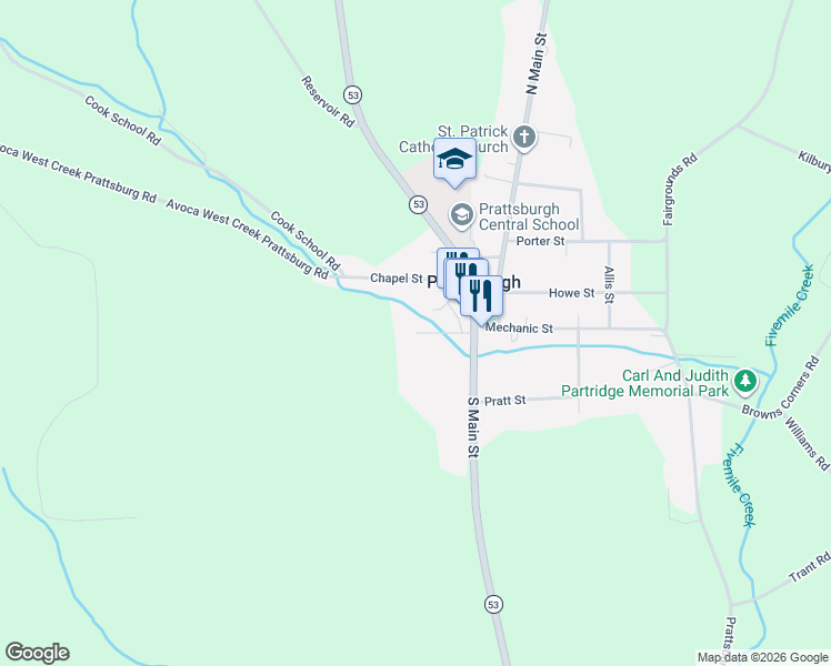 map of restaurants, bars, coffee shops, grocery stores, and more near 0 McConnel Avenue in Prattsburgh