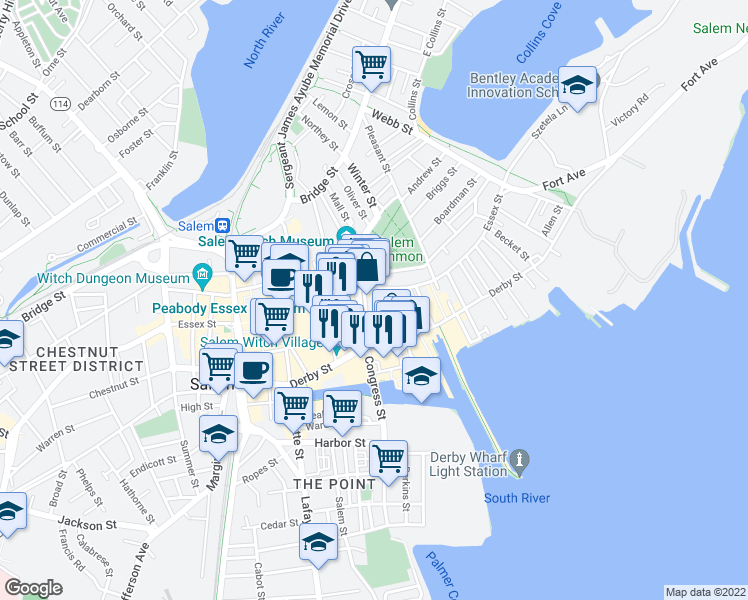 map of restaurants, bars, coffee shops, grocery stores, and more near 125 Essex Street in Salem