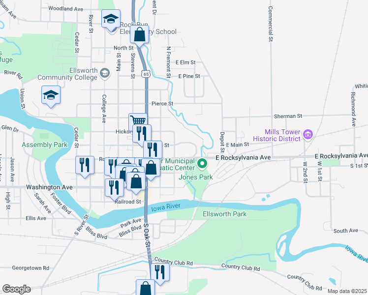 map of restaurants, bars, coffee shops, grocery stores, and more near 213 Iowa Street in Iowa Falls