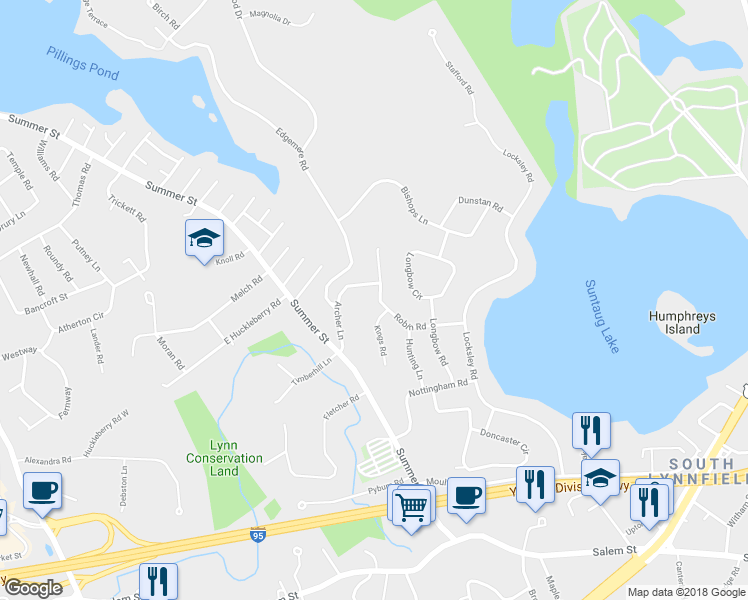 map of restaurants, bars, coffee shops, grocery stores, and more near 16 Robin Road in Lynnfield