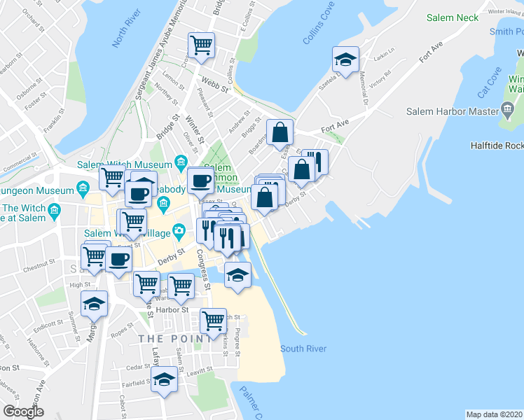 map of restaurants, bars, coffee shops, grocery stores, and more near 143 Derby Street in Salem