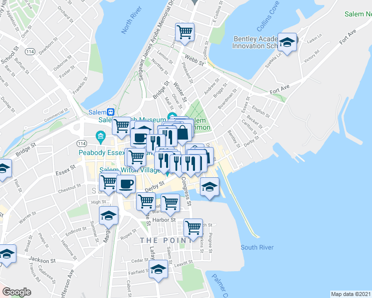 map of restaurants, bars, coffee shops, grocery stores, and more near 125 Essex Street in Salem
