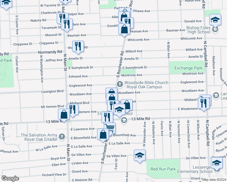 map of restaurants, bars, coffee shops, grocery stores, and more near 439 Woodlawn Avenue in Royal Oak