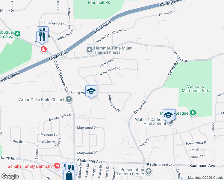 map of restaurants, bars, coffee shops, grocery stores, and more near 3125 Spring Valley Road in Dubuque