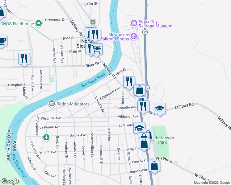 map of restaurants, bars, coffee shops, grocery stores, and more near 2501-2599 Boies St in Sioux City