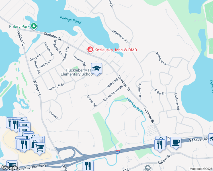 map of restaurants, bars, coffee shops, grocery stores, and more near 9 Melch Road in Lynnfield