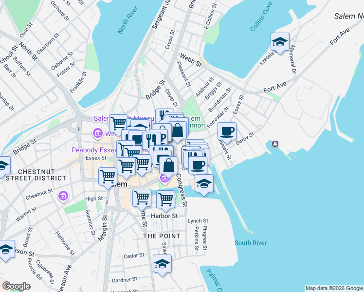 map of restaurants, bars, coffee shops, grocery stores, and more near 125 Essex Street in Salem