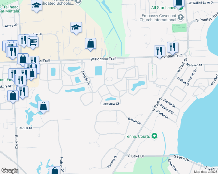 map of restaurants, bars, coffee shops, grocery stores, and more near 45715 Lakeview Court in Novi