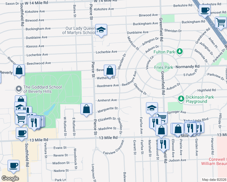 map of restaurants, bars, coffee shops, grocery stores, and more near 16156 Lauderdale Avenue in Beverly Hills