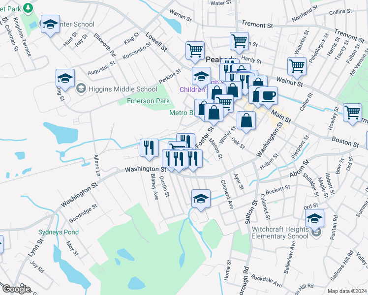 map of restaurants, bars, coffee shops, grocery stores, and more near 107 Foster Street in Peabody