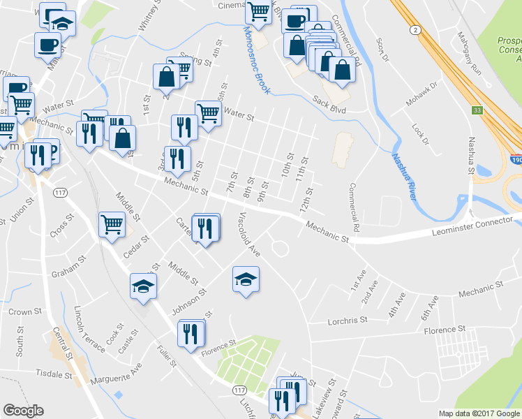 map of restaurants, bars, coffee shops, grocery stores, and more near 311 Mechanic Street in Leominster