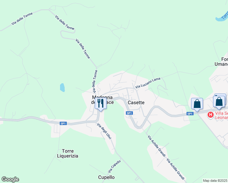 map of restaurants, bars, coffee shops, grocery stores, and more near 83 Viale Colle delle More in Madonna della Pace