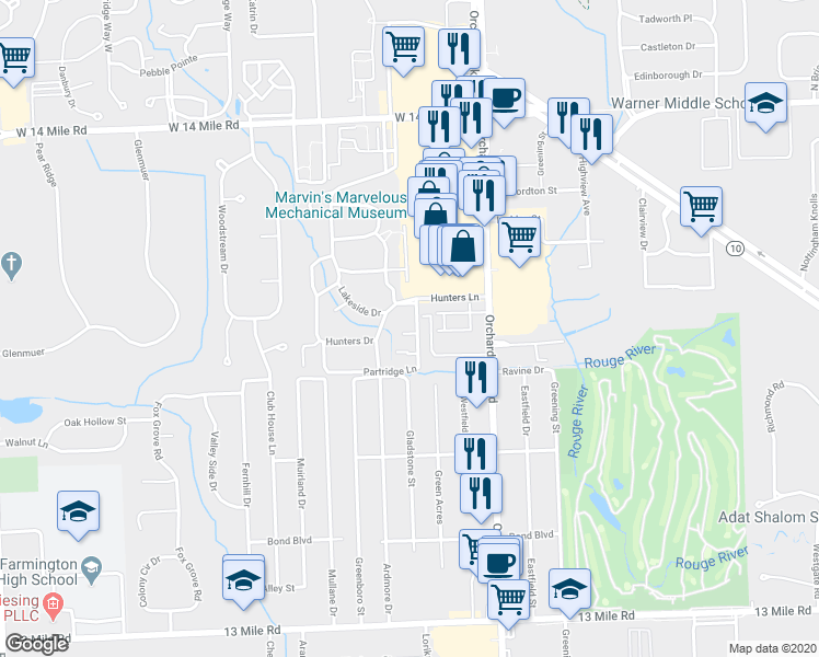 map of restaurants, bars, coffee shops, grocery stores, and more near 31720 Partridge Lane in Farmington Hills