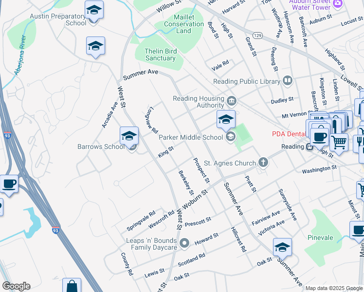 map of restaurants, bars, coffee shops, grocery stores, and more near 66 Prospect Street in Reading