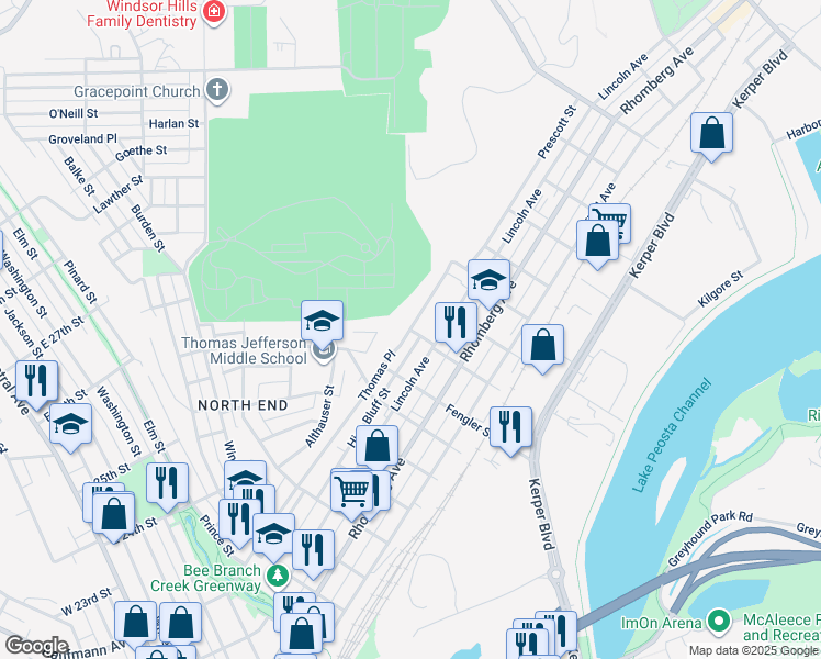 map of restaurants, bars, coffee shops, grocery stores, and more near 1301 Thomas Place in Dubuque