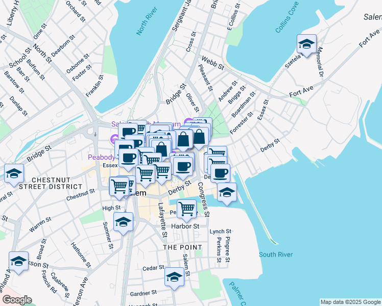 map of restaurants, bars, coffee shops, grocery stores, and more near 125 Essex Street in Salem