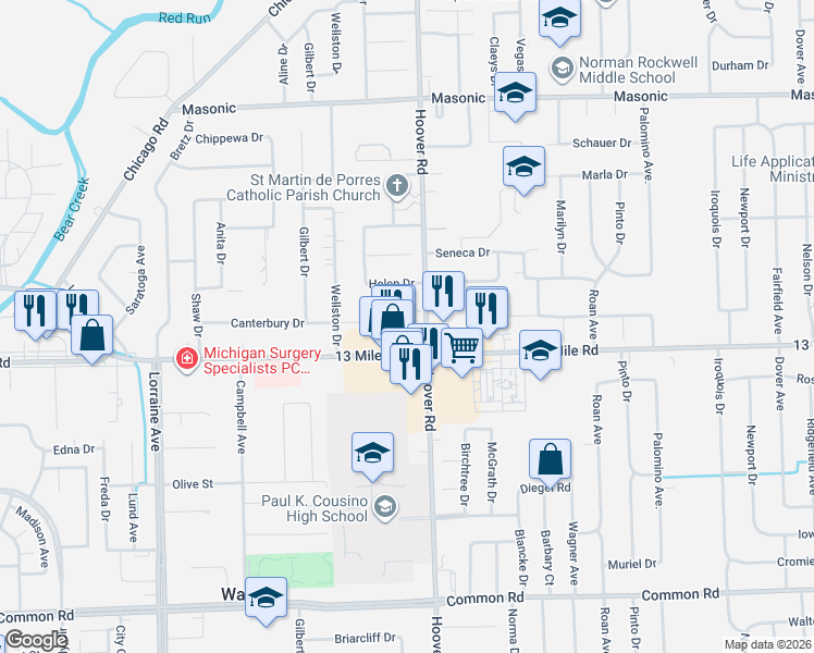 map of restaurants, bars, coffee shops, grocery stores, and more near 11575 13 Mile Road in Warren