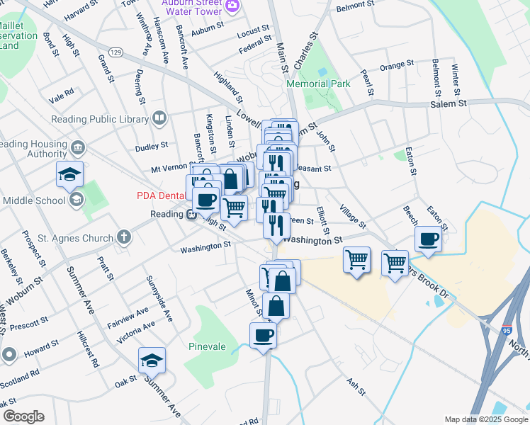 map of restaurants, bars, coffee shops, grocery stores, and more near 77 Ash Street in Reading