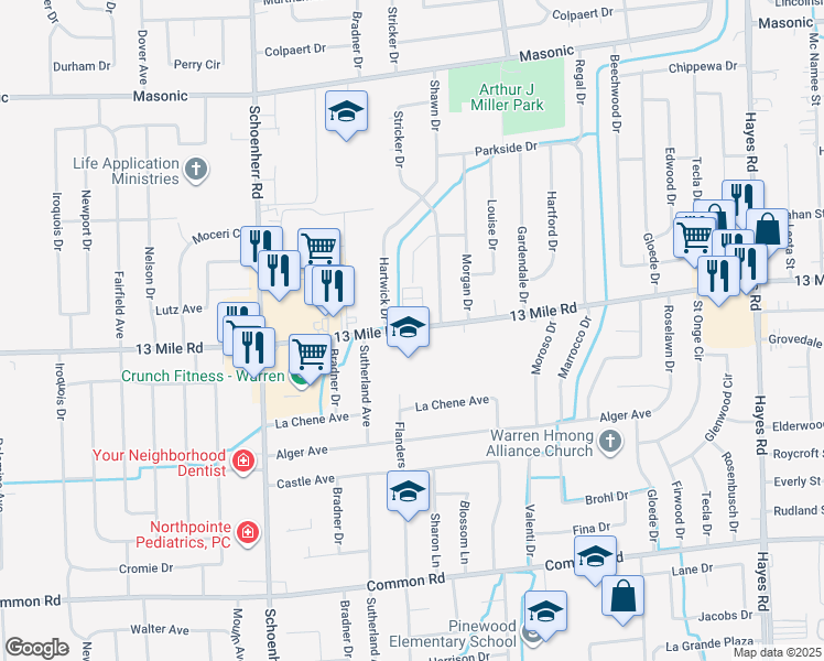 map of restaurants, bars, coffee shops, grocery stores, and more near in Warren