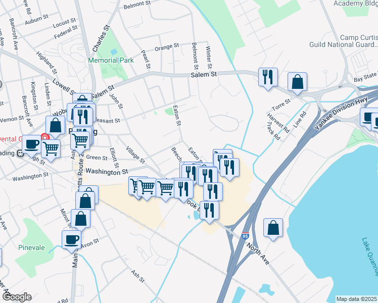 map of restaurants, bars, coffee shops, grocery stores, and more near 101 Eaton Street in Reading