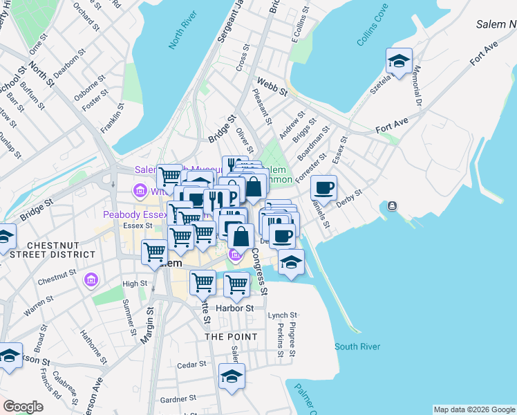 map of restaurants, bars, coffee shops, grocery stores, and more near 125 Essex Street in Salem