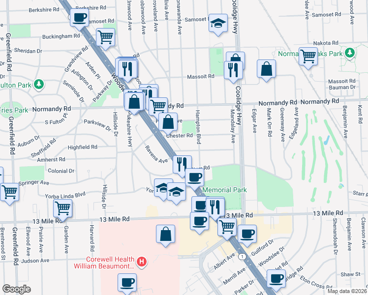 map of restaurants, bars, coffee shops, grocery stores, and more near 3602 Ravena Avenue in Royal Oak