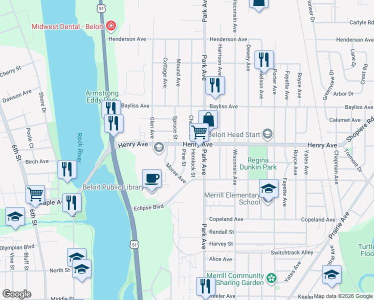 map of restaurants, bars, coffee shops, grocery stores, and more near 1768 Hemlock Street in Beloit