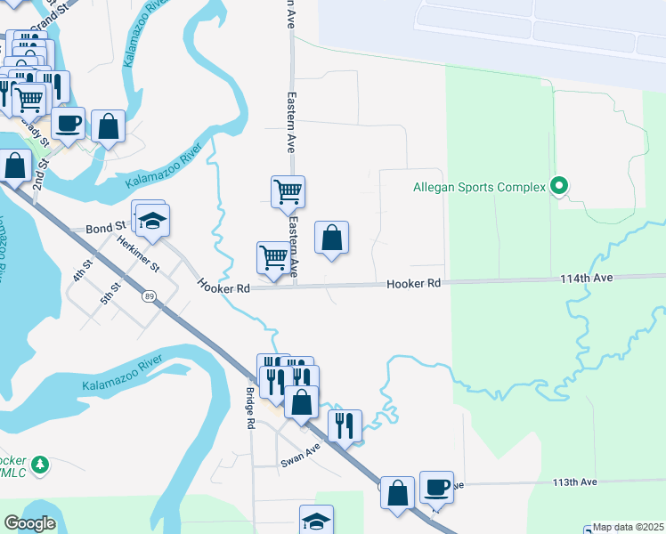 map of restaurants, bars, coffee shops, grocery stores, and more near 633 Hooker Road in Allegan