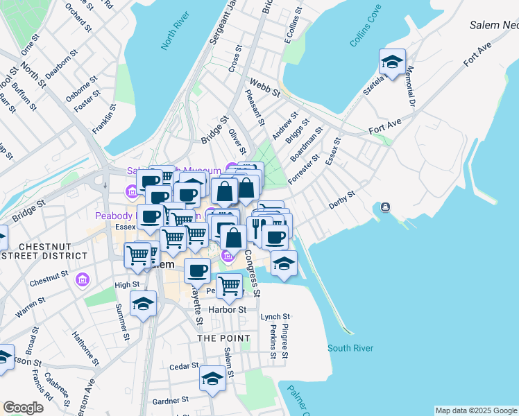 map of restaurants, bars, coffee shops, grocery stores, and more near 125 Essex Street in Salem