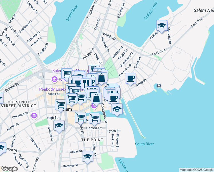 map of restaurants, bars, coffee shops, grocery stores, and more near 125 Essex Street in Salem