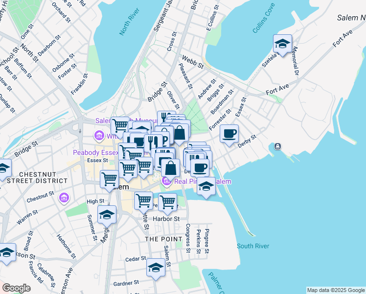 map of restaurants, bars, coffee shops, grocery stores, and more near 125 Essex Street in Salem