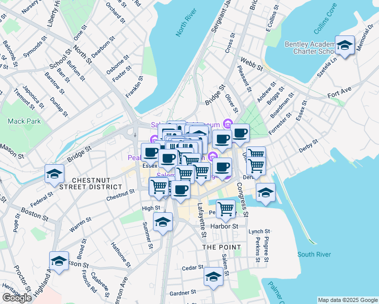 map of restaurants, bars, coffee shops, grocery stores, and more near 200 Essex Street in Salem