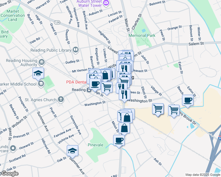 map of restaurants, bars, coffee shops, grocery stores, and more near 32 Green Street in Reading