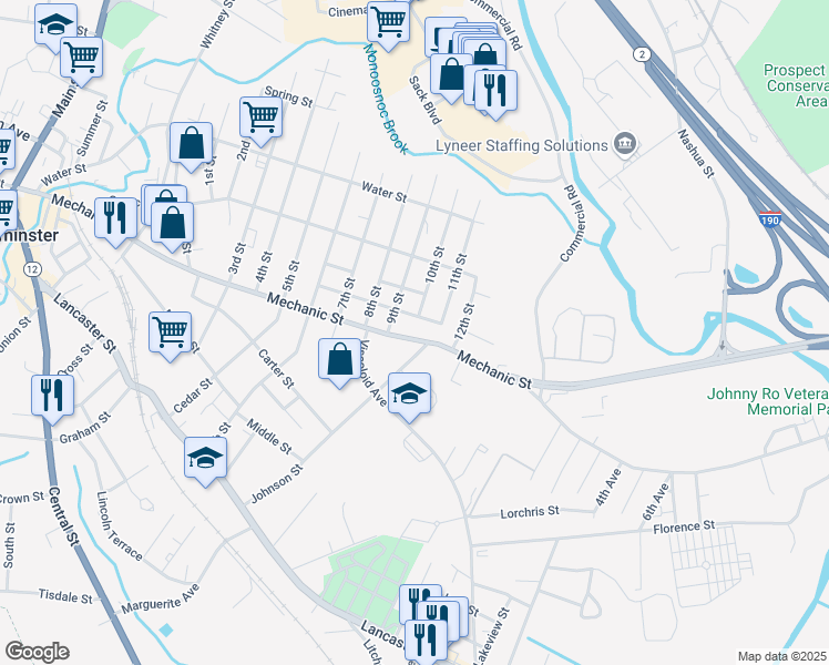 map of restaurants, bars, coffee shops, grocery stores, and more near 311 Mechanic Street in Leominster