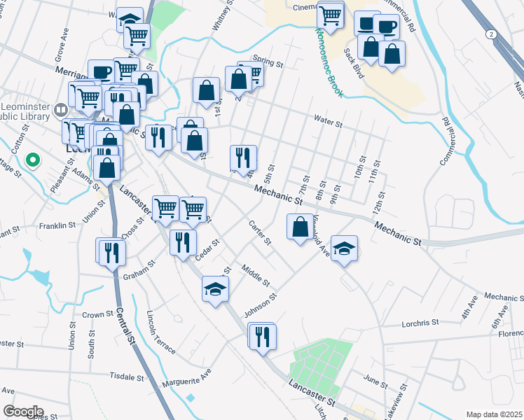 map of restaurants, bars, coffee shops, grocery stores, and more near 237 6th Street in Leominster