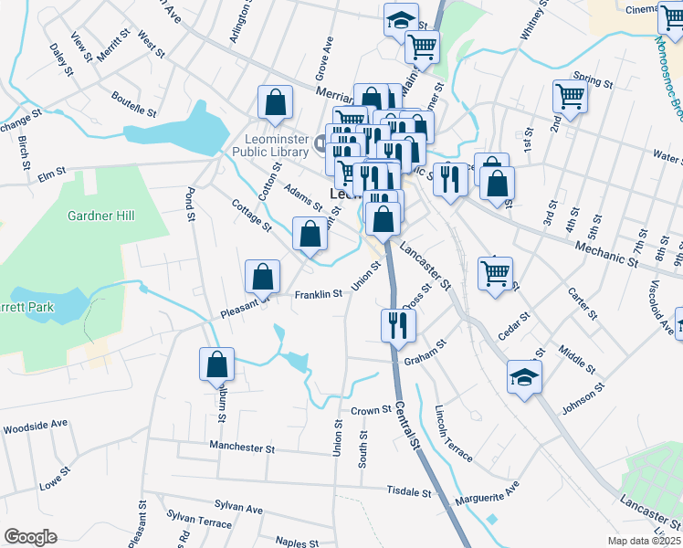 map of restaurants, bars, coffee shops, grocery stores, and more near 21 Franklin Street in Leominster