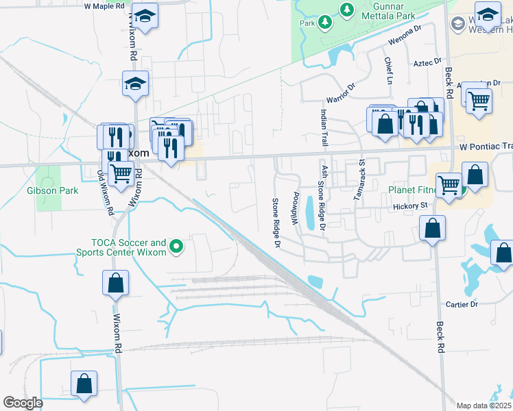 map of restaurants, bars, coffee shops, grocery stores, and more near 31071 Lakeview Boulevard in Wixom