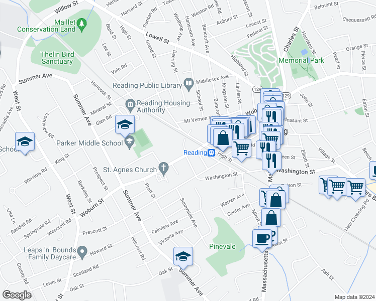 map of restaurants, bars, coffee shops, grocery stores, and more near 20 Washington Street in Reading