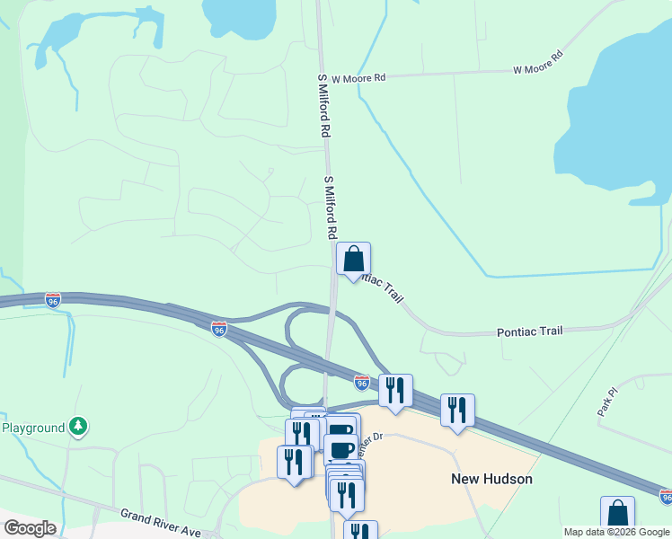 map of restaurants, bars, coffee shops, grocery stores, and more near 34028 Milford Road in Milford