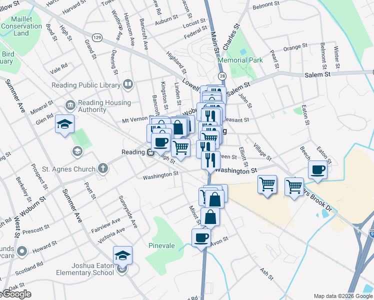 map of restaurants, bars, coffee shops, grocery stores, and more near 24 Gould Street in Reading