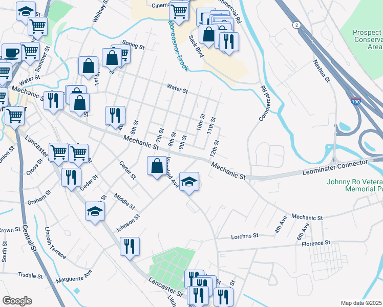 map of restaurants, bars, coffee shops, grocery stores, and more near 311 Mechanic Street in Leominster