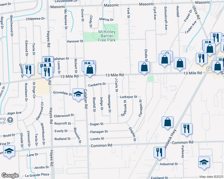 map of restaurants, bars, coffee shops, grocery stores, and more near 30653 Hennigan Street in Roseville