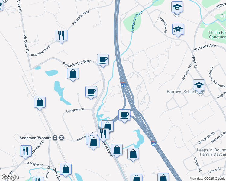 map of restaurants, bars, coffee shops, grocery stores, and more near 200 Presidential Way in Woburn