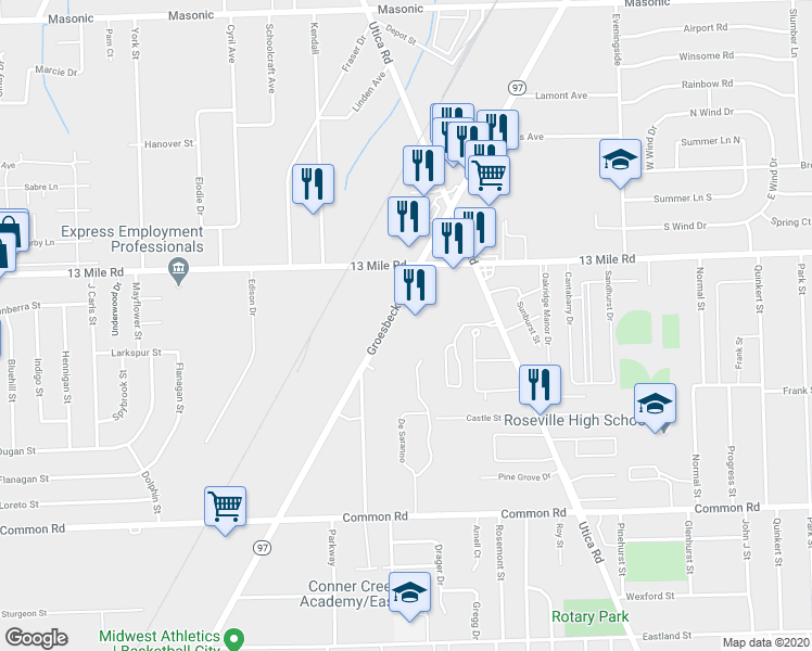 map of restaurants, bars, coffee shops, grocery stores, and more near 30856 Groesbeck Highway in Roseville