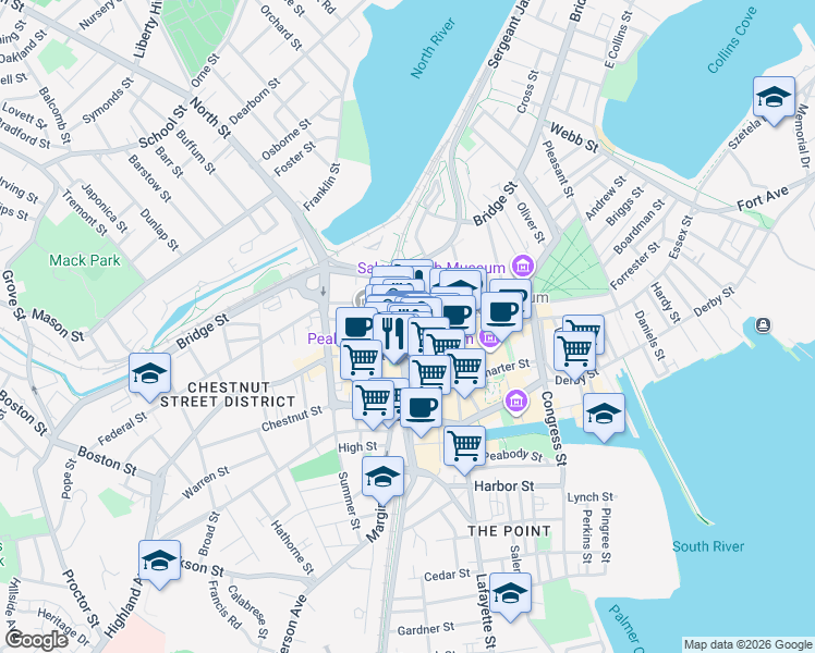 map of restaurants, bars, coffee shops, grocery stores, and more near 60 Washington Street in Salem
