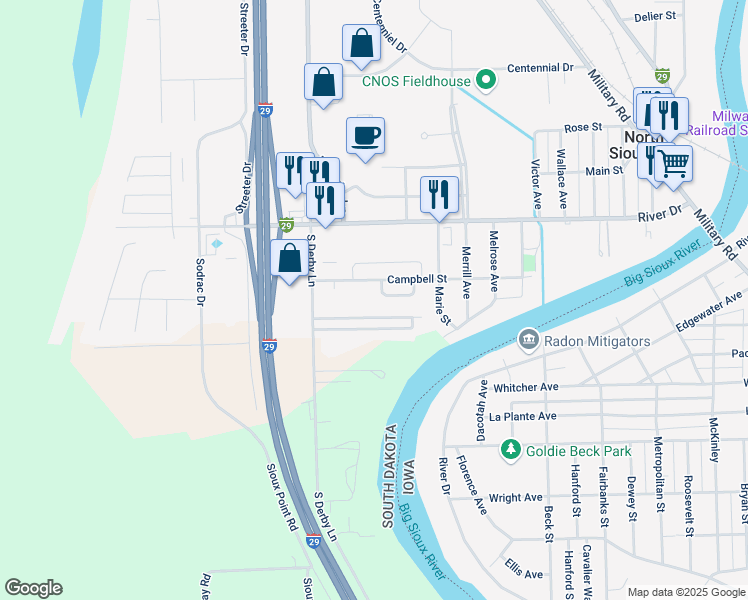 map of restaurants, bars, coffee shops, grocery stores, and more near 920 Harvest Bend in North Sioux City