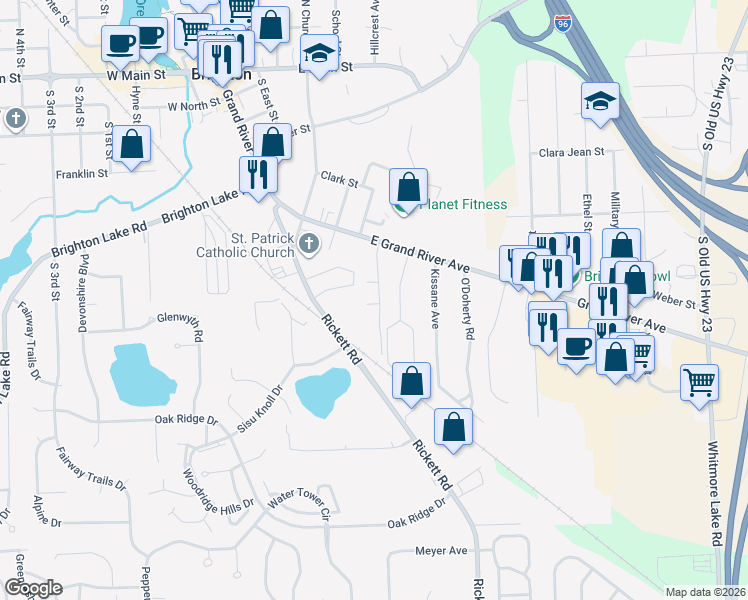 map of restaurants, bars, coffee shops, grocery stores, and more near 898 East Grand River Avenue in Brighton