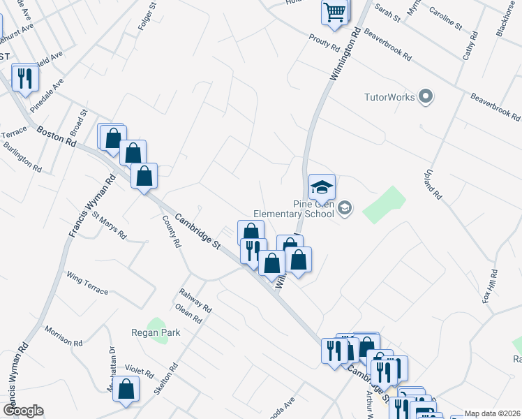 map of restaurants, bars, coffee shops, grocery stores, and more near 18 Alma Road in Burlington