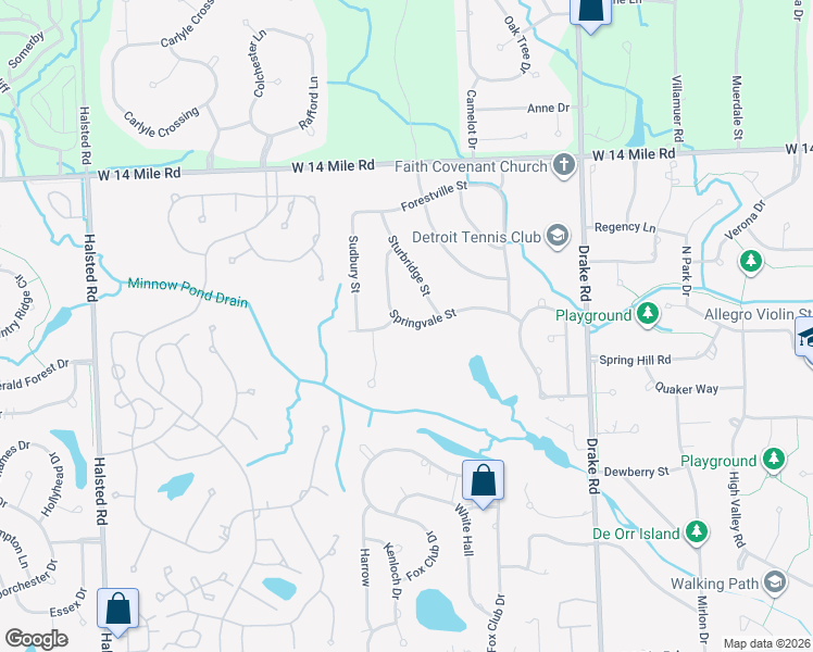 map of restaurants, bars, coffee shops, grocery stores, and more near 35765 Springvale Street in Farmington Hills